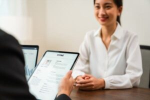 Job interviewer reviewing a resume on a tablet.